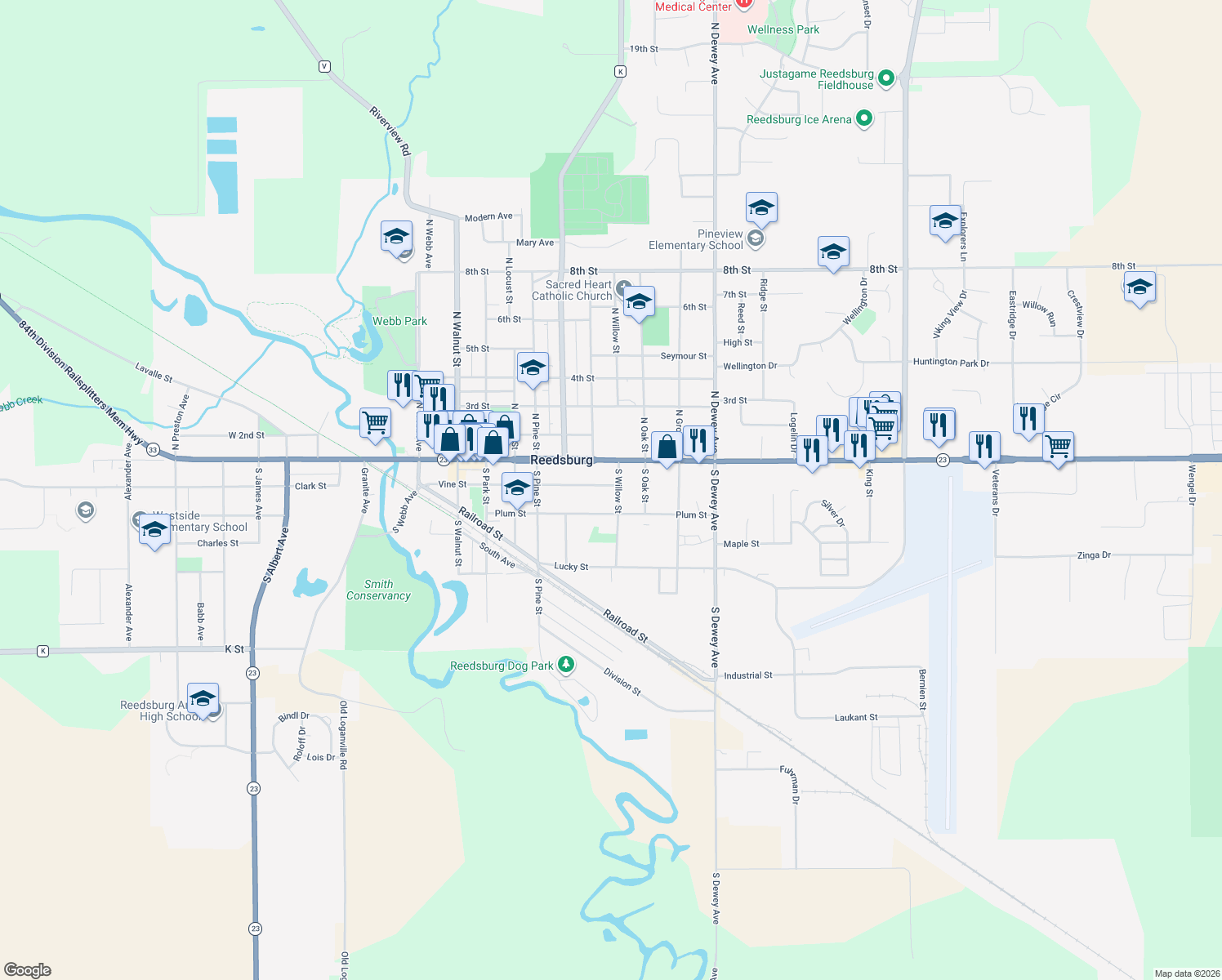 map of restaurants, bars, coffee shops, grocery stores, and more near 200 South Willow Street in Reedsburg