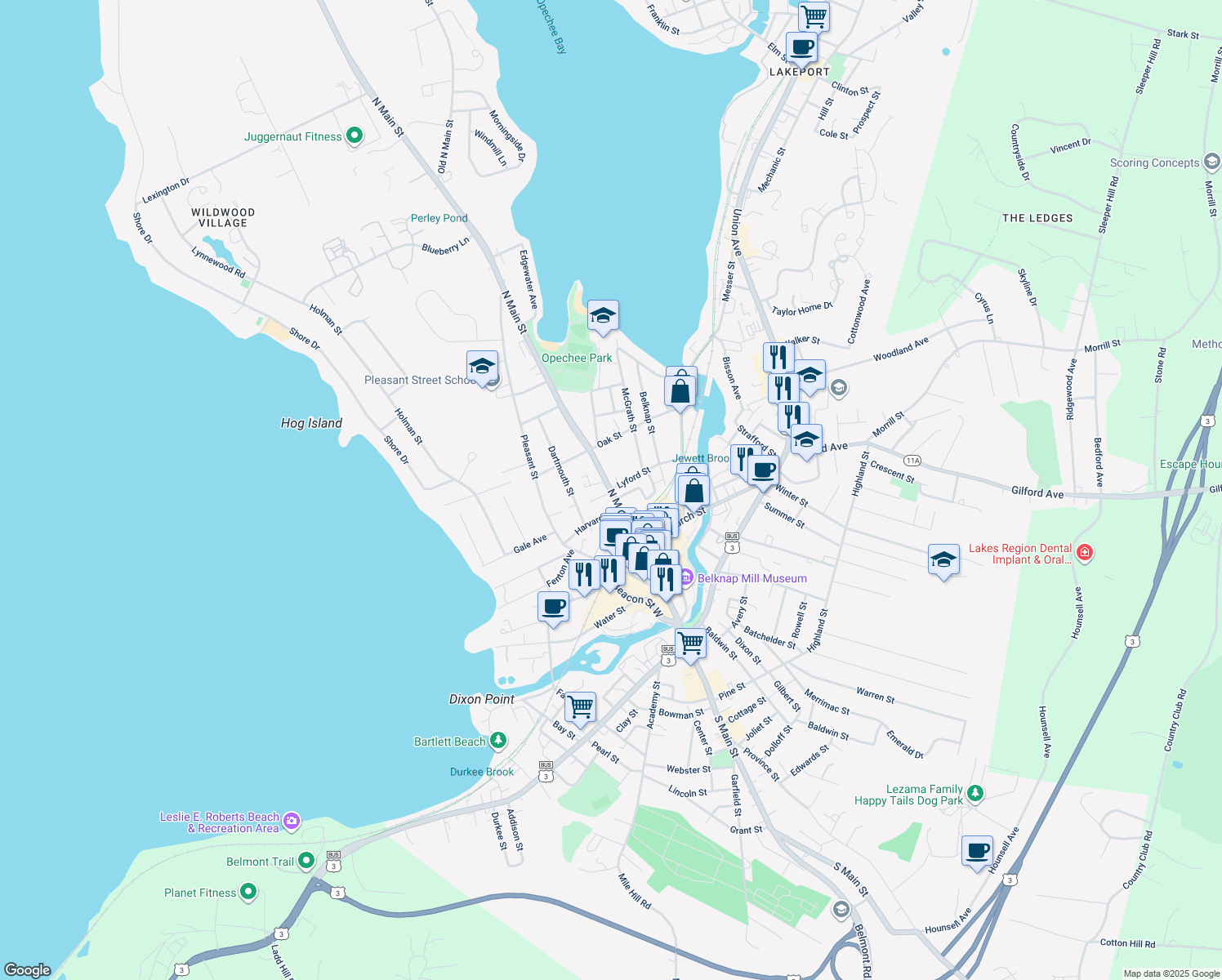 map of restaurants, bars, coffee shops, grocery stores, and more near 762 N Main St in Laconia