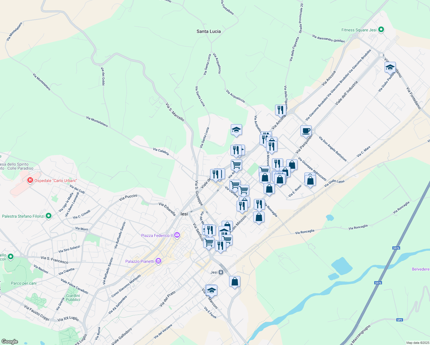 map of restaurants, bars, coffee shops, grocery stores, and more near 22 Viale del Lavoro in Jesi