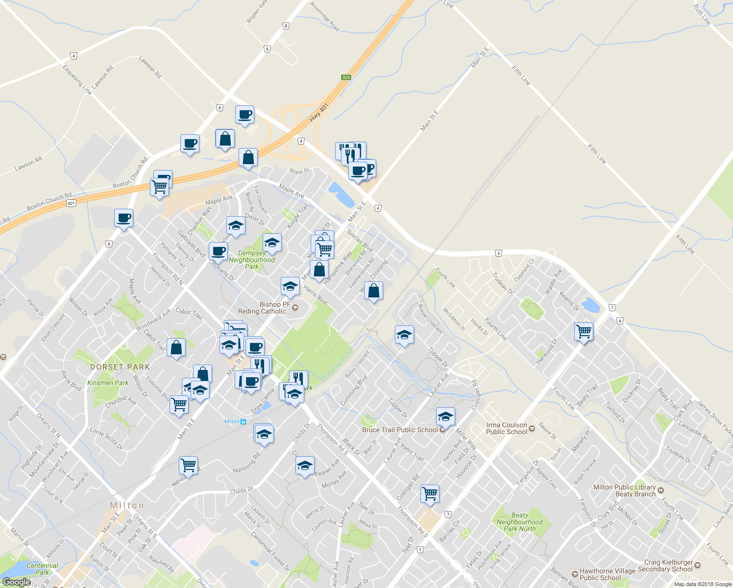 map of restaurants, bars, coffee shops, grocery stores, and more near 1318 Cartmer Way in Milton