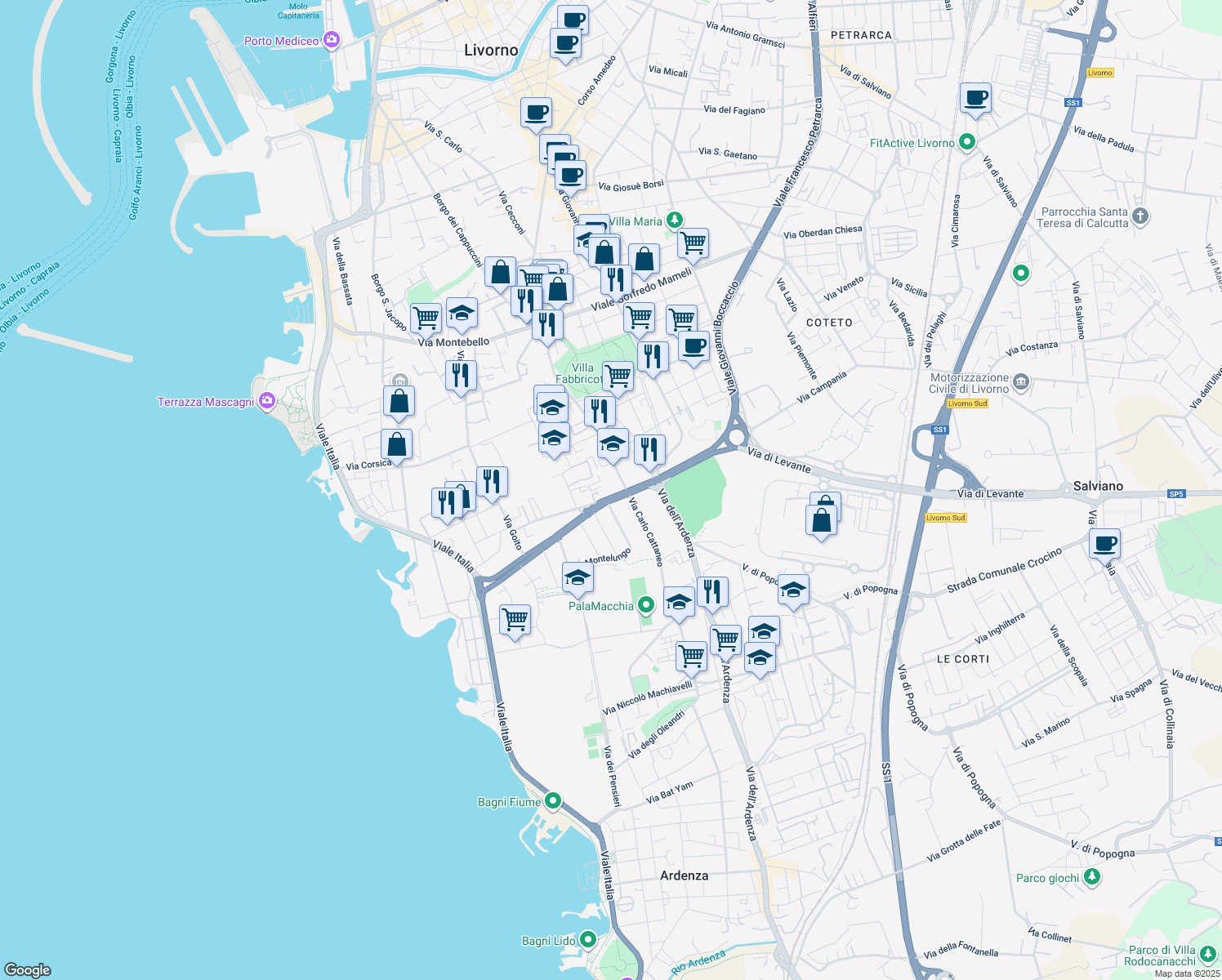 map of restaurants, bars, coffee shops, grocery stores, and more near 87 Viale Nazario Sauro in Livorno