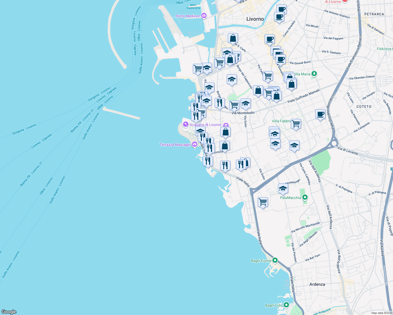 map of restaurants, bars, coffee shops, grocery stores, and more near 56 Viale Italia in Livorno