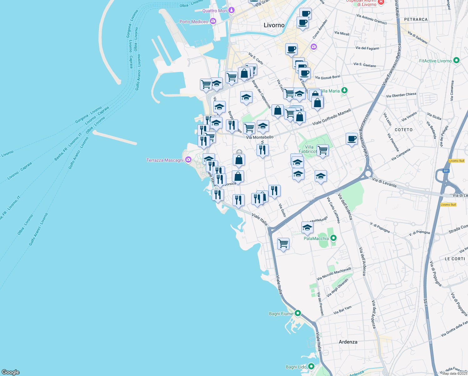 map of restaurants, bars, coffee shops, grocery stores, and more near 4-6 Via Sardegna in Livorno