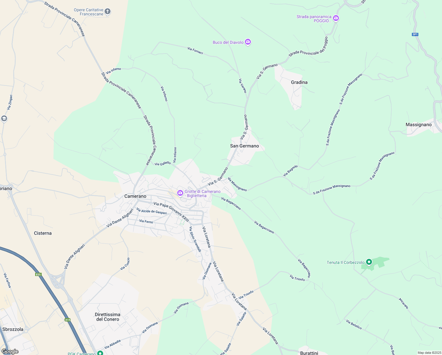 map of restaurants, bars, coffee shops, grocery stores, and more near 8 Via San Germano in Camerano