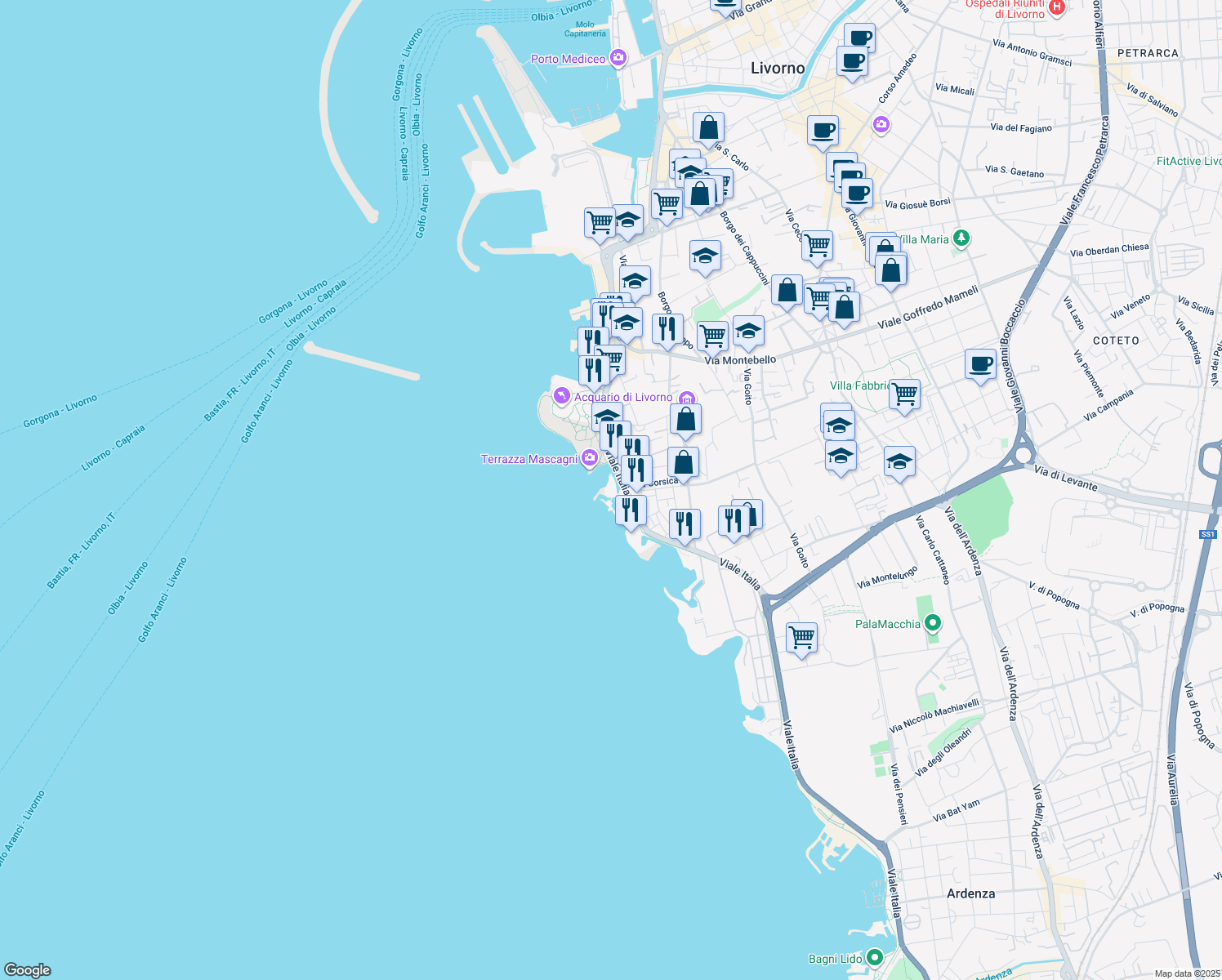 map of restaurants, bars, coffee shops, grocery stores, and more near 56 Viale Italia in Livorno