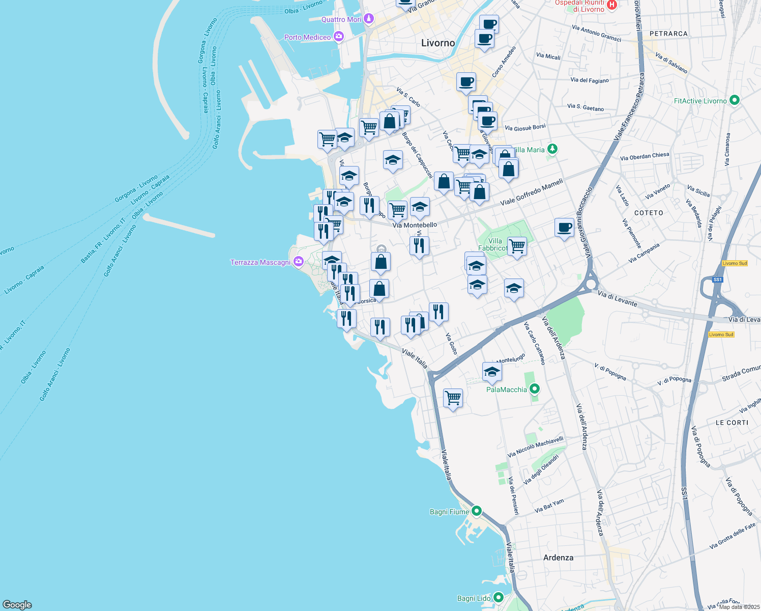 map of restaurants, bars, coffee shops, grocery stores, and more near 6 Via Sardegna in Livorno