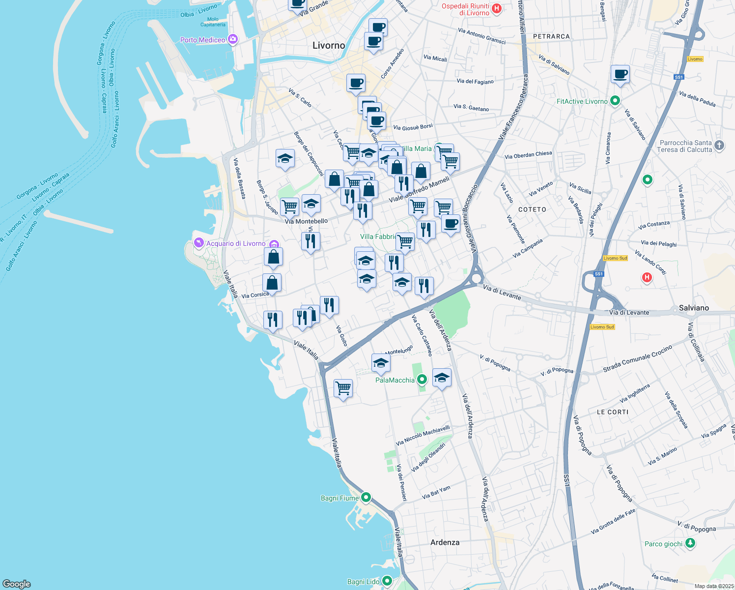 map of restaurants, bars, coffee shops, grocery stores, and more near 32 Via Adriano Cecioni in Livorno