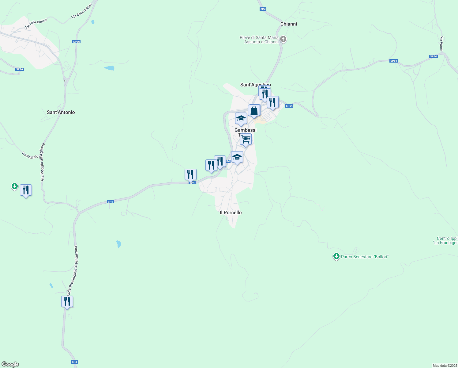 map of restaurants, bars, coffee shops, grocery stores, and more near 116 Via Galileo Galilei in Gambassi Terme