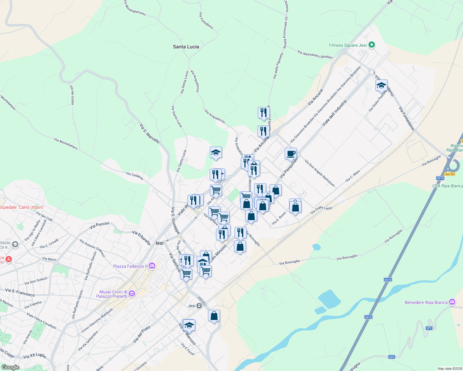 map of restaurants, bars, coffee shops, grocery stores, and more near 20 Via Cesare Anconetani in Jesi