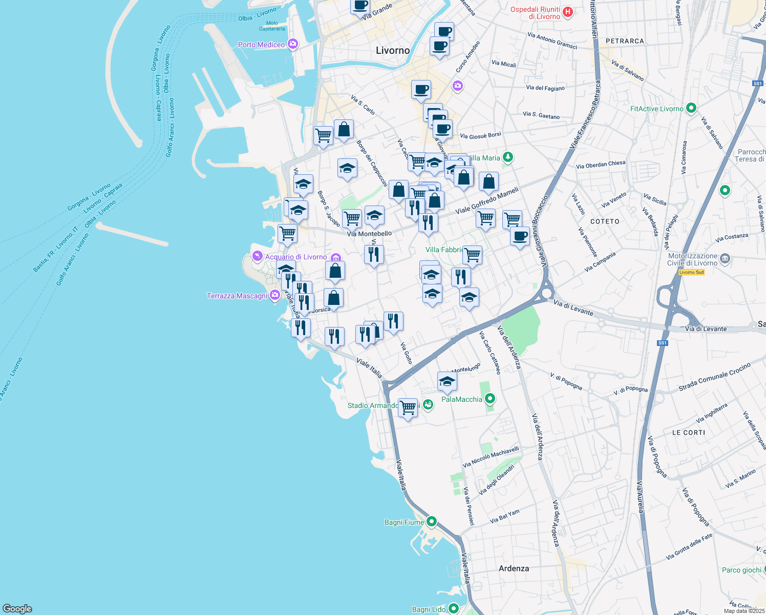 map of restaurants, bars, coffee shops, grocery stores, and more near 86 Via Goito in Livorno