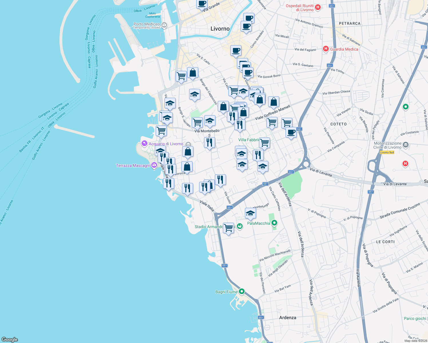 map of restaurants, bars, coffee shops, grocery stores, and more near 86 Via Goito in Livorno