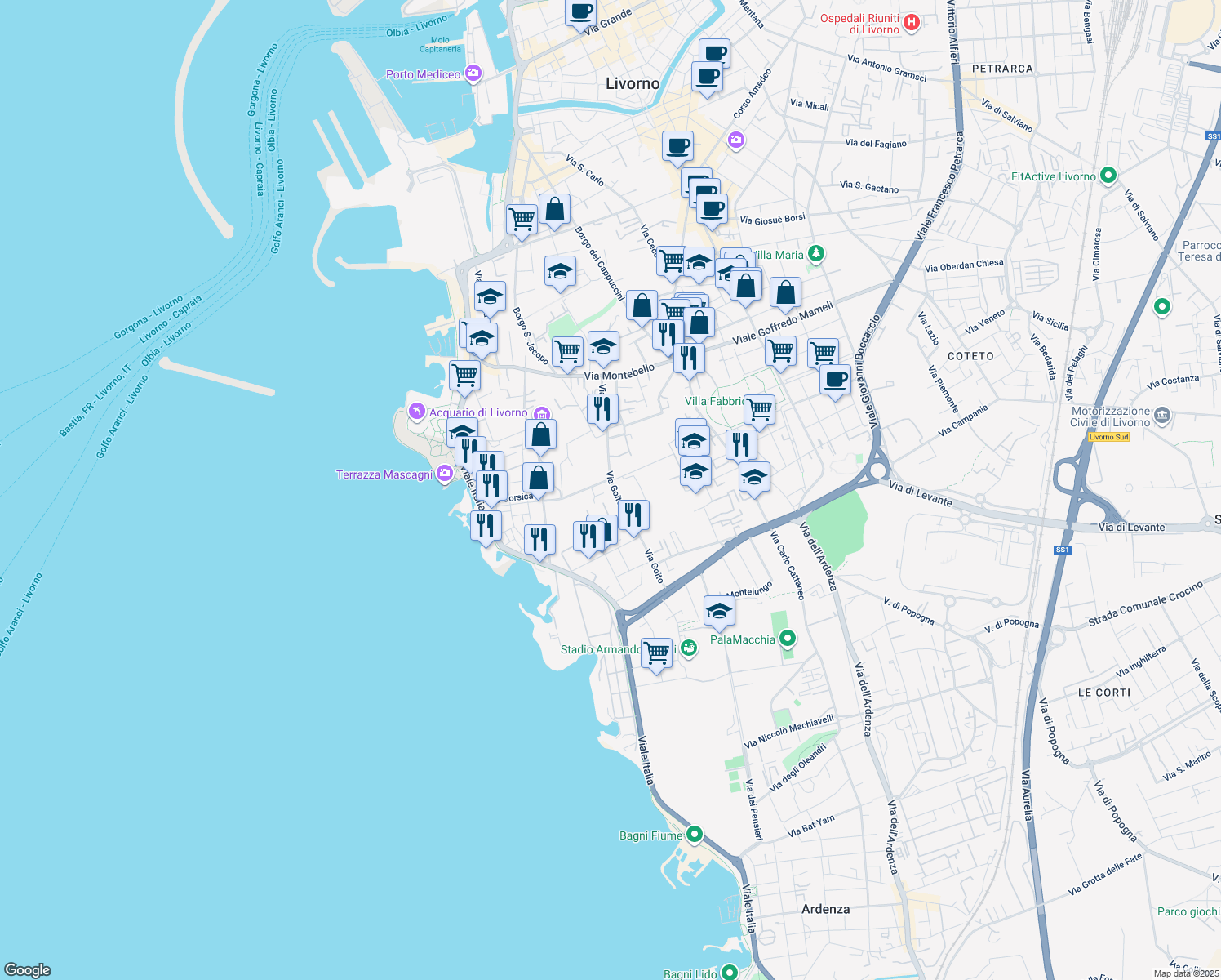 map of restaurants, bars, coffee shops, grocery stores, and more near 86 Via Goito in Livorno