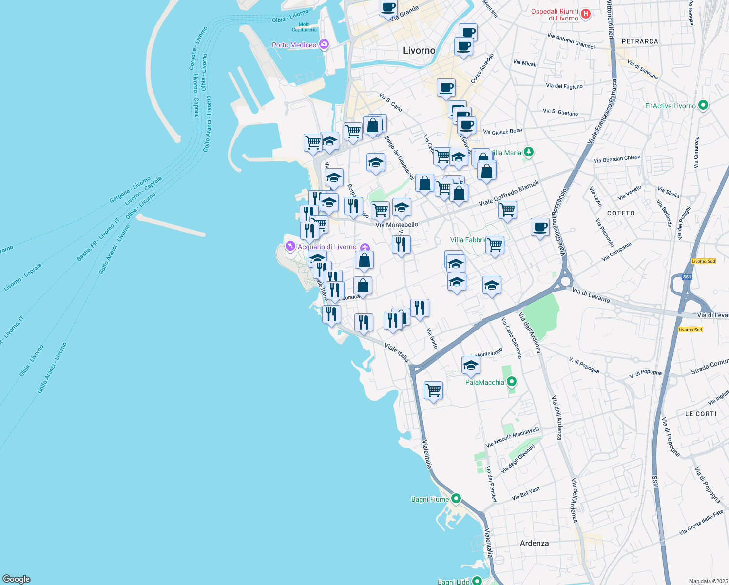 map of restaurants, bars, coffee shops, grocery stores, and more near 112 Via San Jacopo In Acquaviva in Livorno
