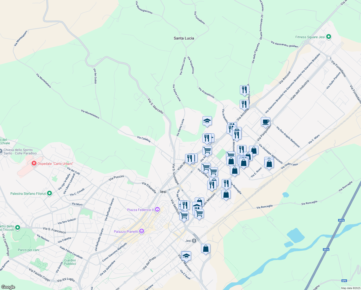 map of restaurants, bars, coffee shops, grocery stores, and more near 21 Via Sicilia in Jesi