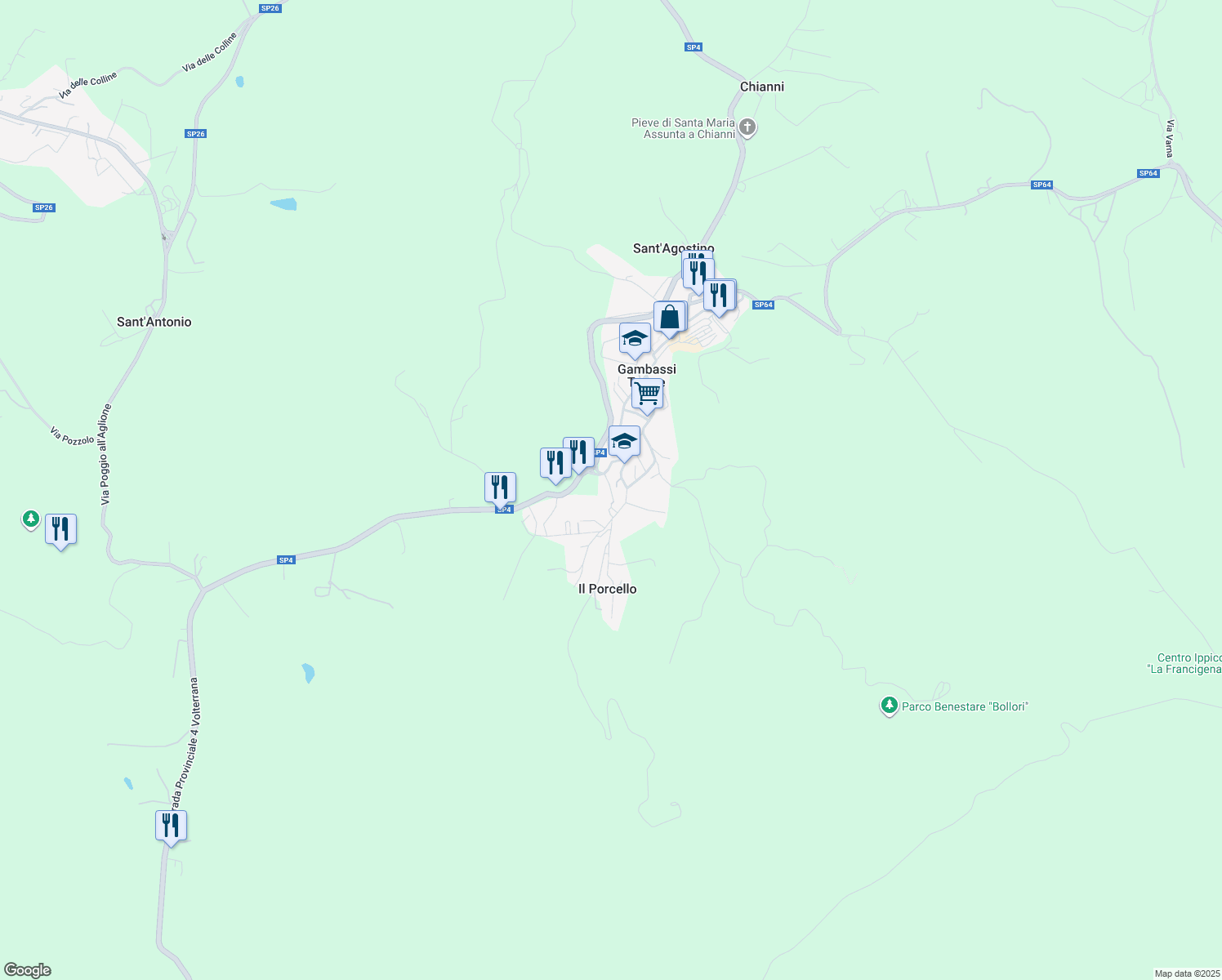 map of restaurants, bars, coffee shops, grocery stores, and more near 116 Via Galileo Galilei in Gambassi Terme