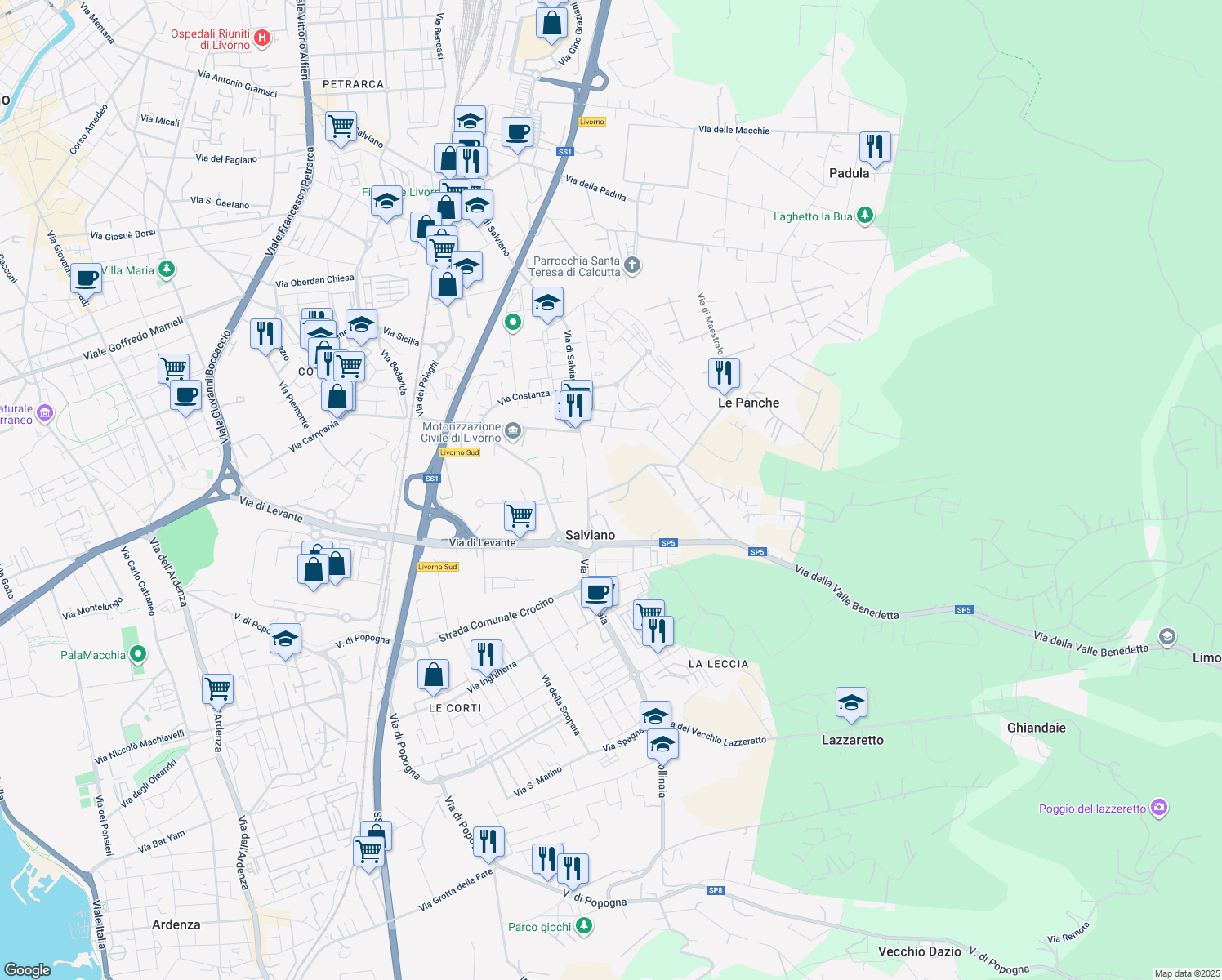 map of restaurants, bars, coffee shops, grocery stores, and more near 24 Via della Valle Benedetta in Livorno