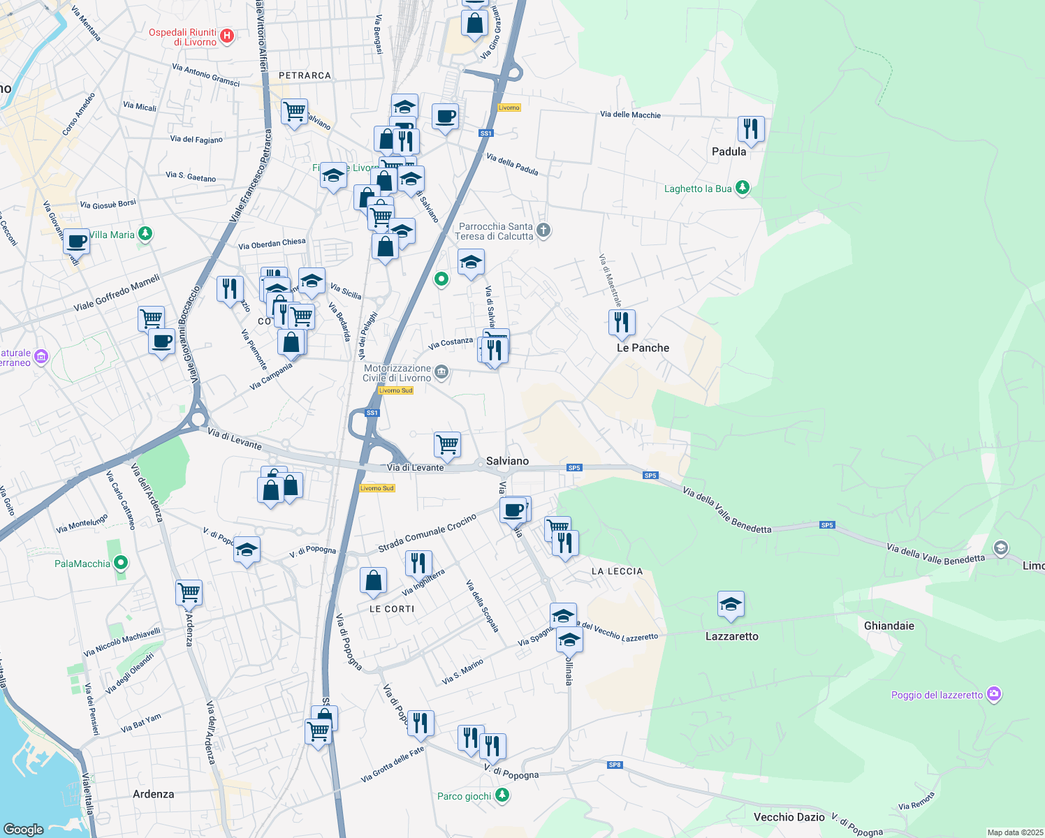 map of restaurants, bars, coffee shops, grocery stores, and more near 24 Via della Valle Benedetta in Livorno