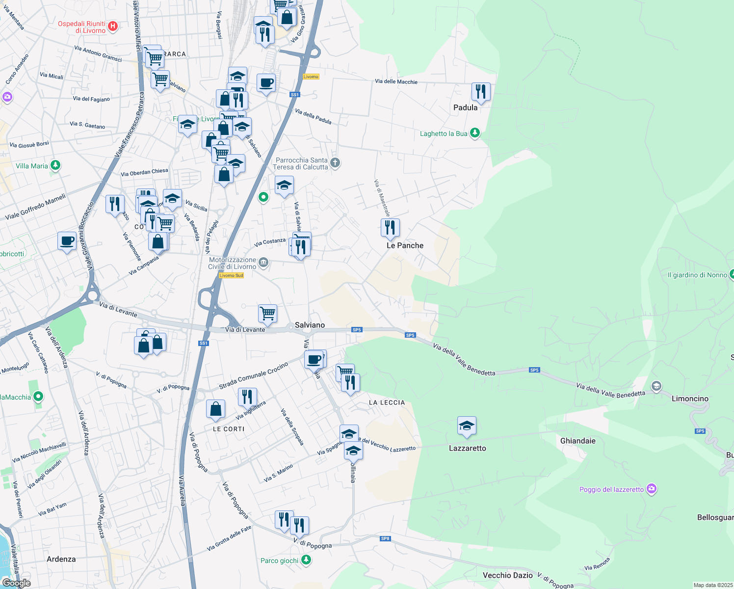 map of restaurants, bars, coffee shops, grocery stores, and more near 44 Via Della Valle Benedetta in Livorno