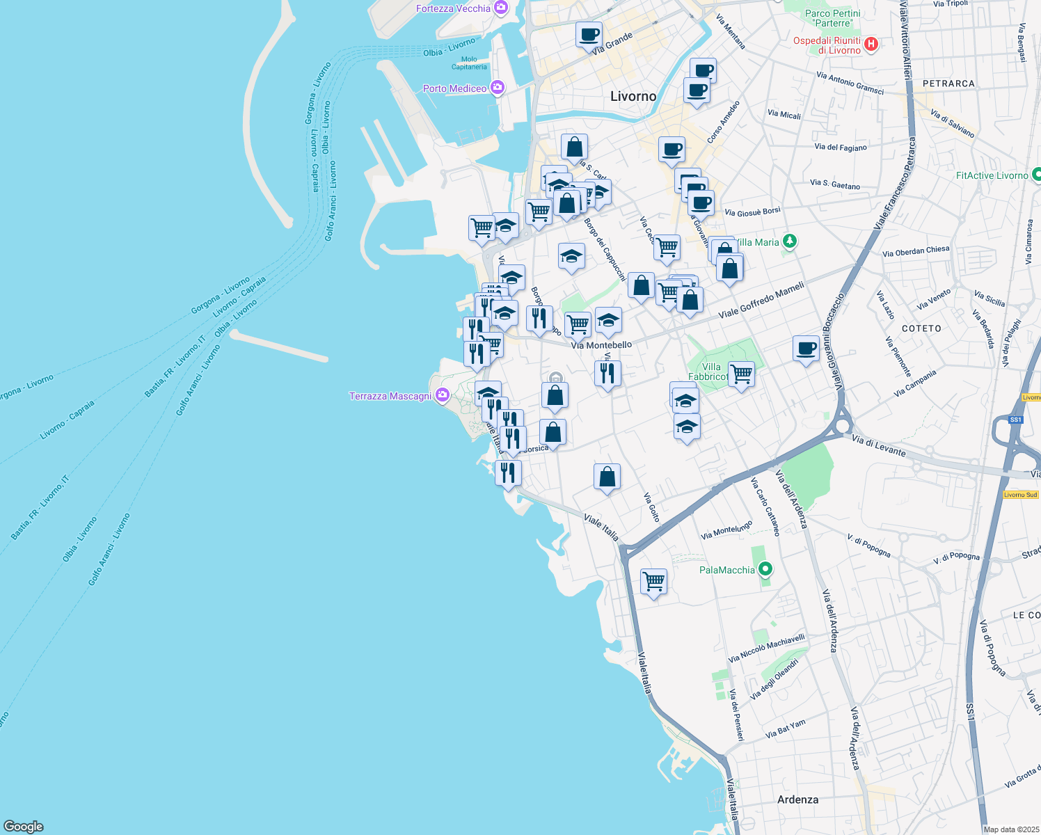 map of restaurants, bars, coffee shops, grocery stores, and more near 28 Via Forte dei Cavalleggeri in Livorno