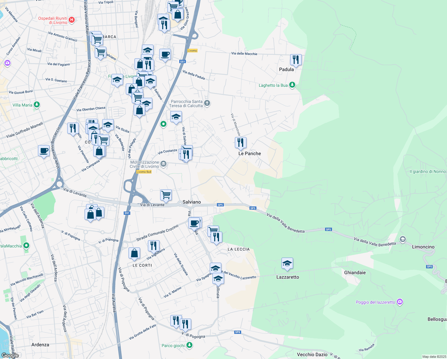 map of restaurants, bars, coffee shops, grocery stores, and more near 44 Via della Valle Benedetta in Livorno