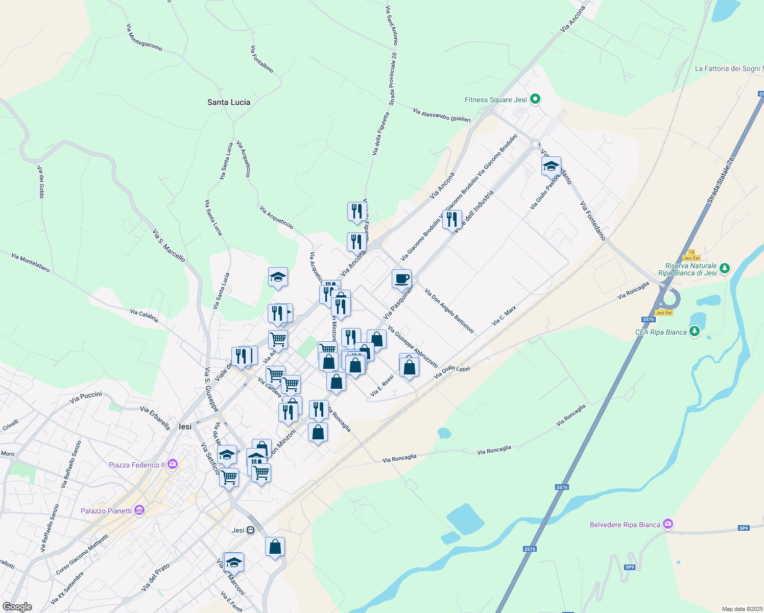 map of restaurants, bars, coffee shops, grocery stores, and more near 3 Via Fernando Santi in Jesi