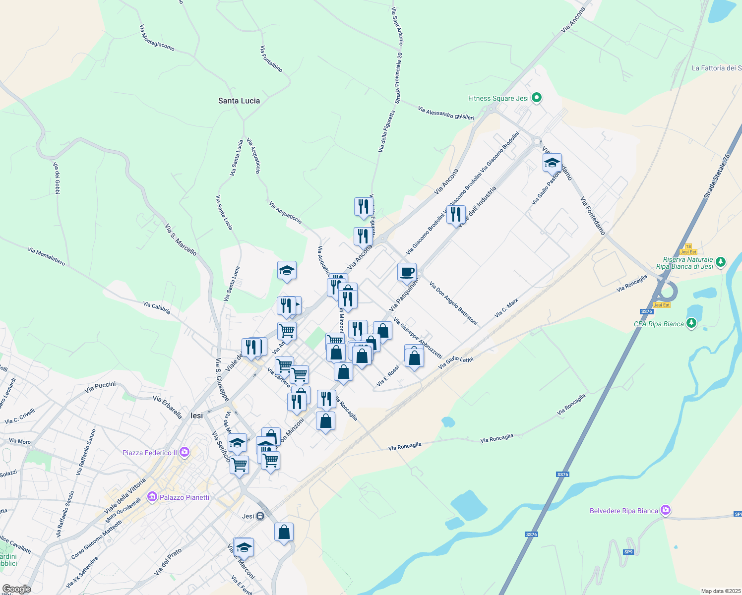map of restaurants, bars, coffee shops, grocery stores, and more near 7 Via Alessandro Bocconi in Jesi