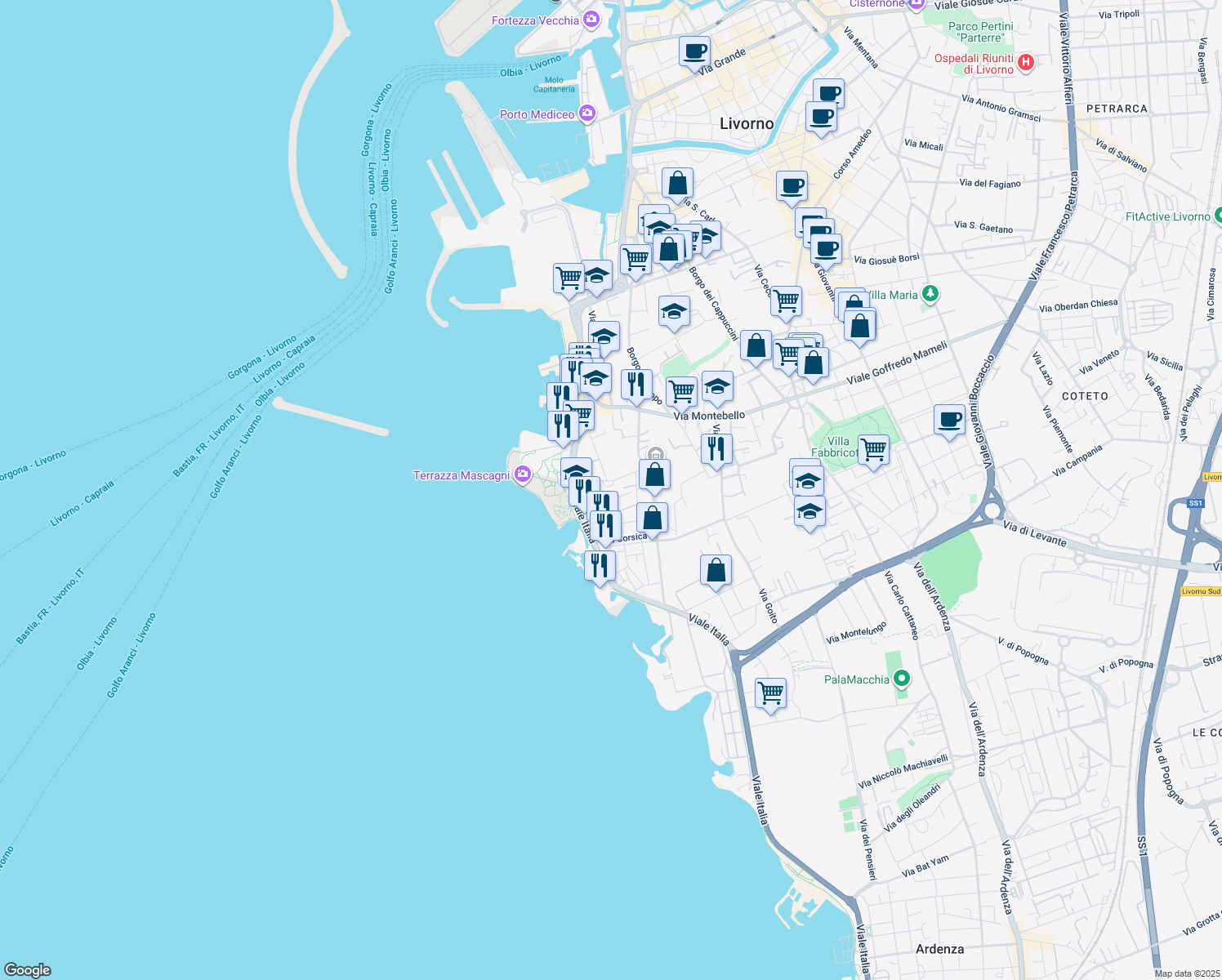 map of restaurants, bars, coffee shops, grocery stores, and more near 28 Via Forte dei Cavalleggeri in Livorno