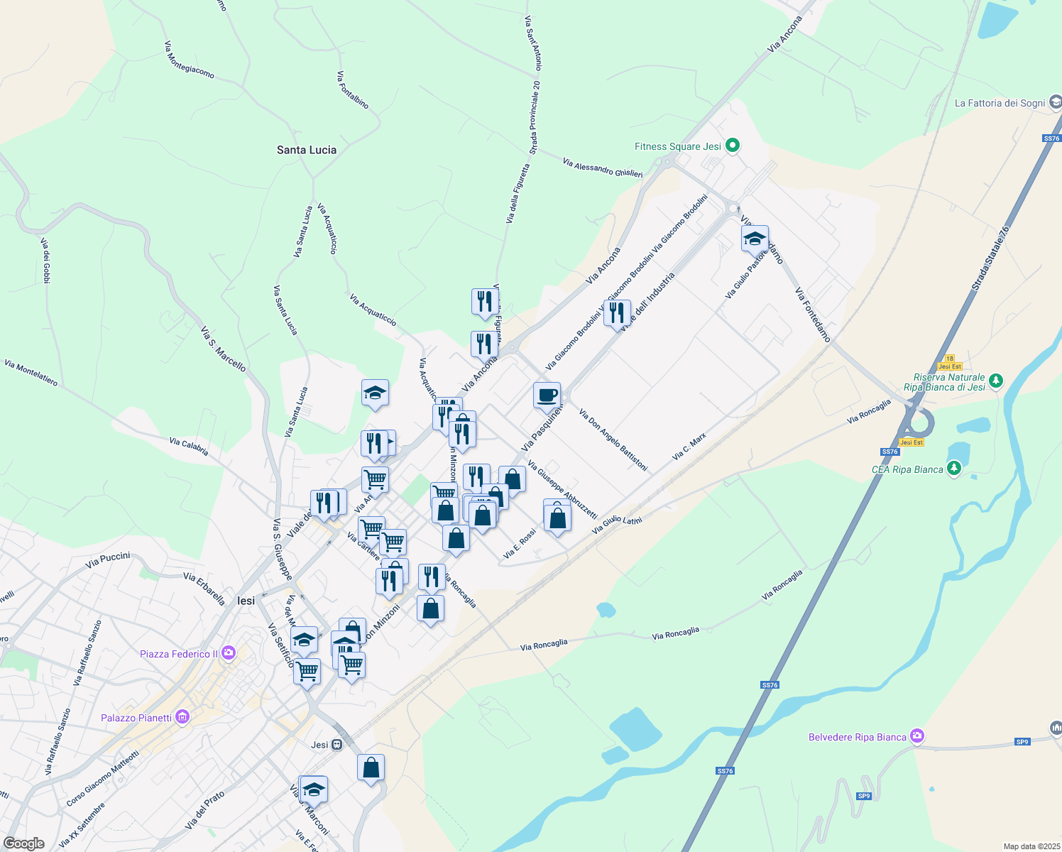 map of restaurants, bars, coffee shops, grocery stores, and more near 3 Via Fernando Santi in Jesi