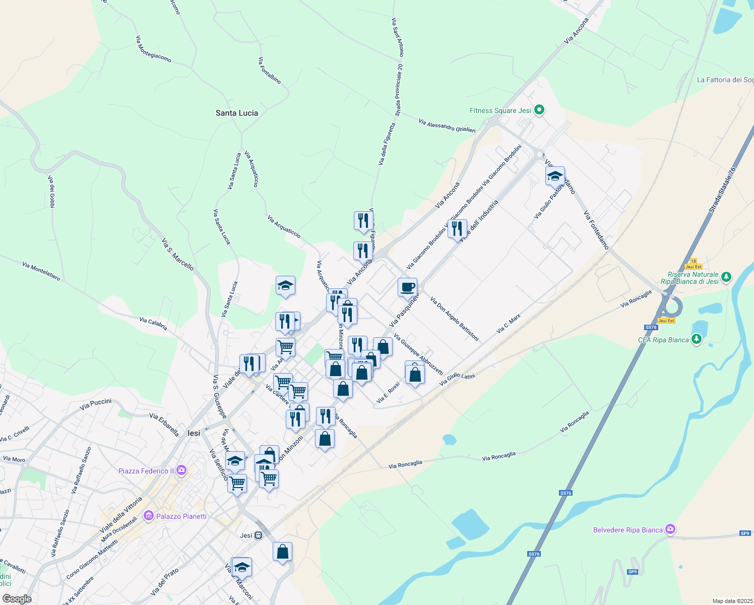 map of restaurants, bars, coffee shops, grocery stores, and more near 7 Via Alessandro Bocconi in Jesi