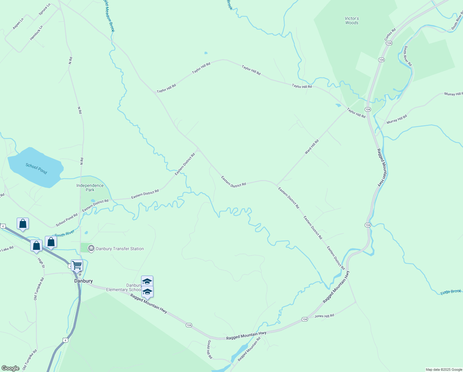 map of restaurants, bars, coffee shops, grocery stores, and more near Eastern District Road in Danbury