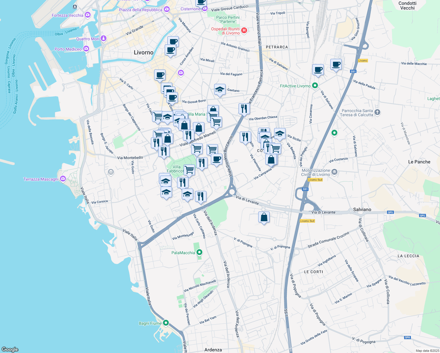 map of restaurants, bars, coffee shops, grocery stores, and more near 63 Via Temistocle Guerrazzi in Livorno