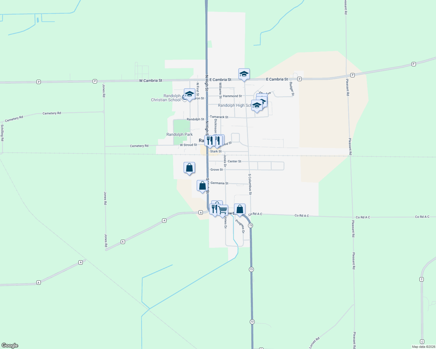map of restaurants, bars, coffee shops, grocery stores, and more near 128 Grove St in Randolph