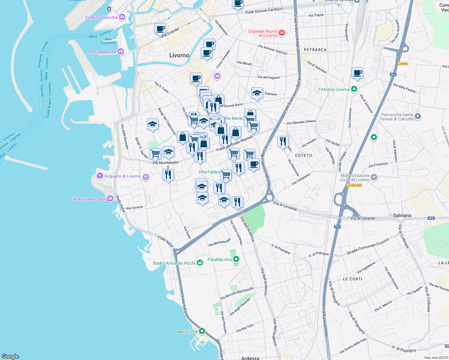 map of restaurants, bars, coffee shops, grocery stores, and more near 8 Via Luigi Pirandello in Livorno