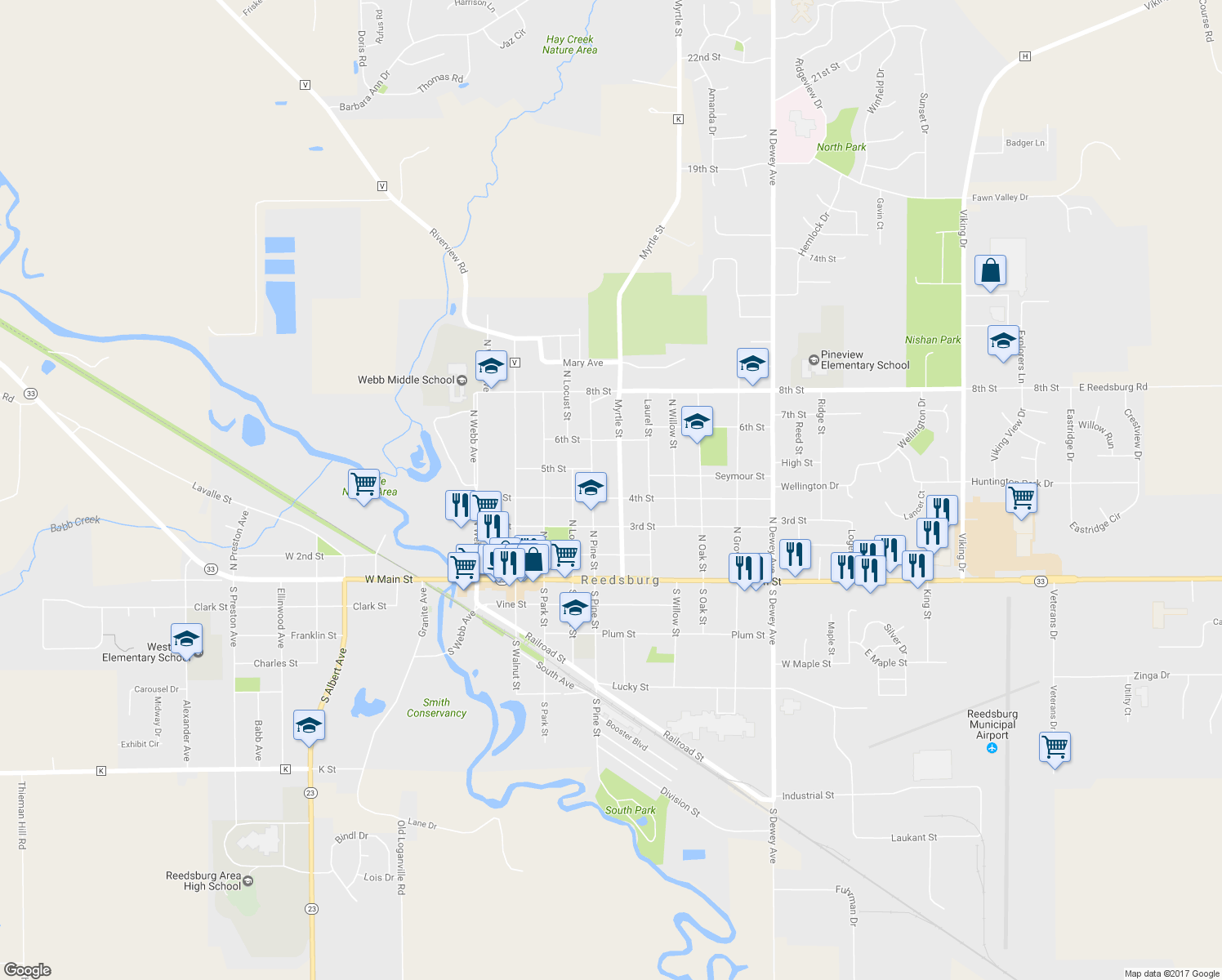 map of restaurants, bars, coffee shops, grocery stores, and more near 535 4th Street in Reedsburg