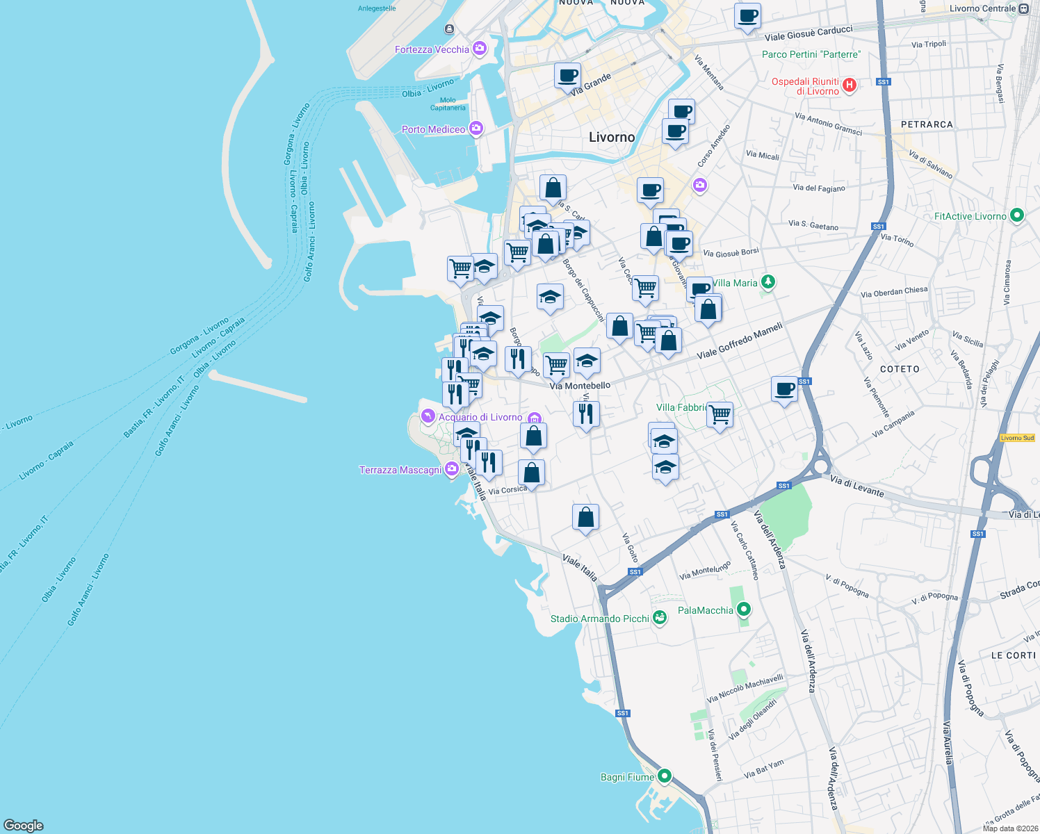 map of restaurants, bars, coffee shops, grocery stores, and more near 53 Via San Jacopo In Acquaviva in Livorno