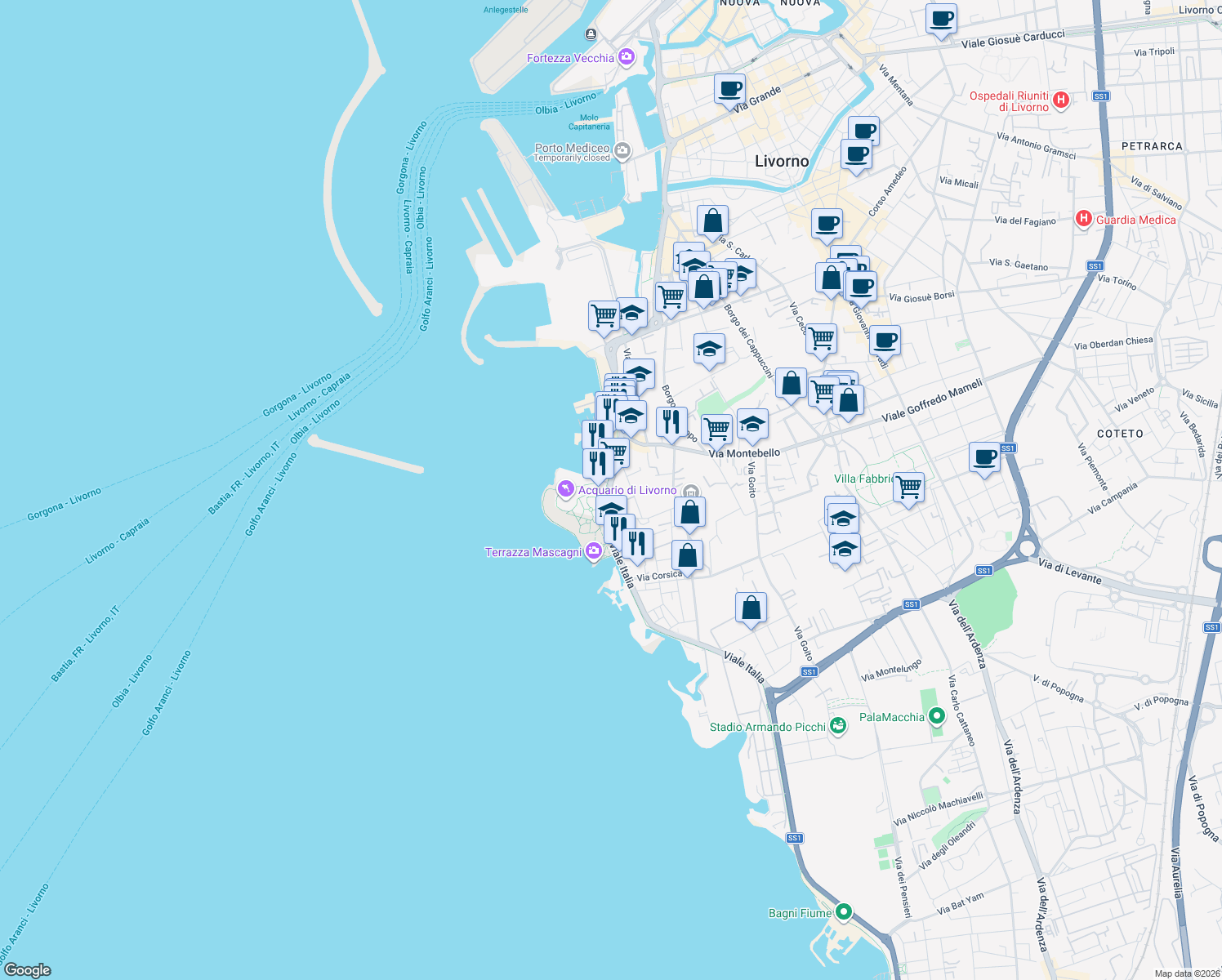 map of restaurants, bars, coffee shops, grocery stores, and more near 141 Viale Italia in Livorno