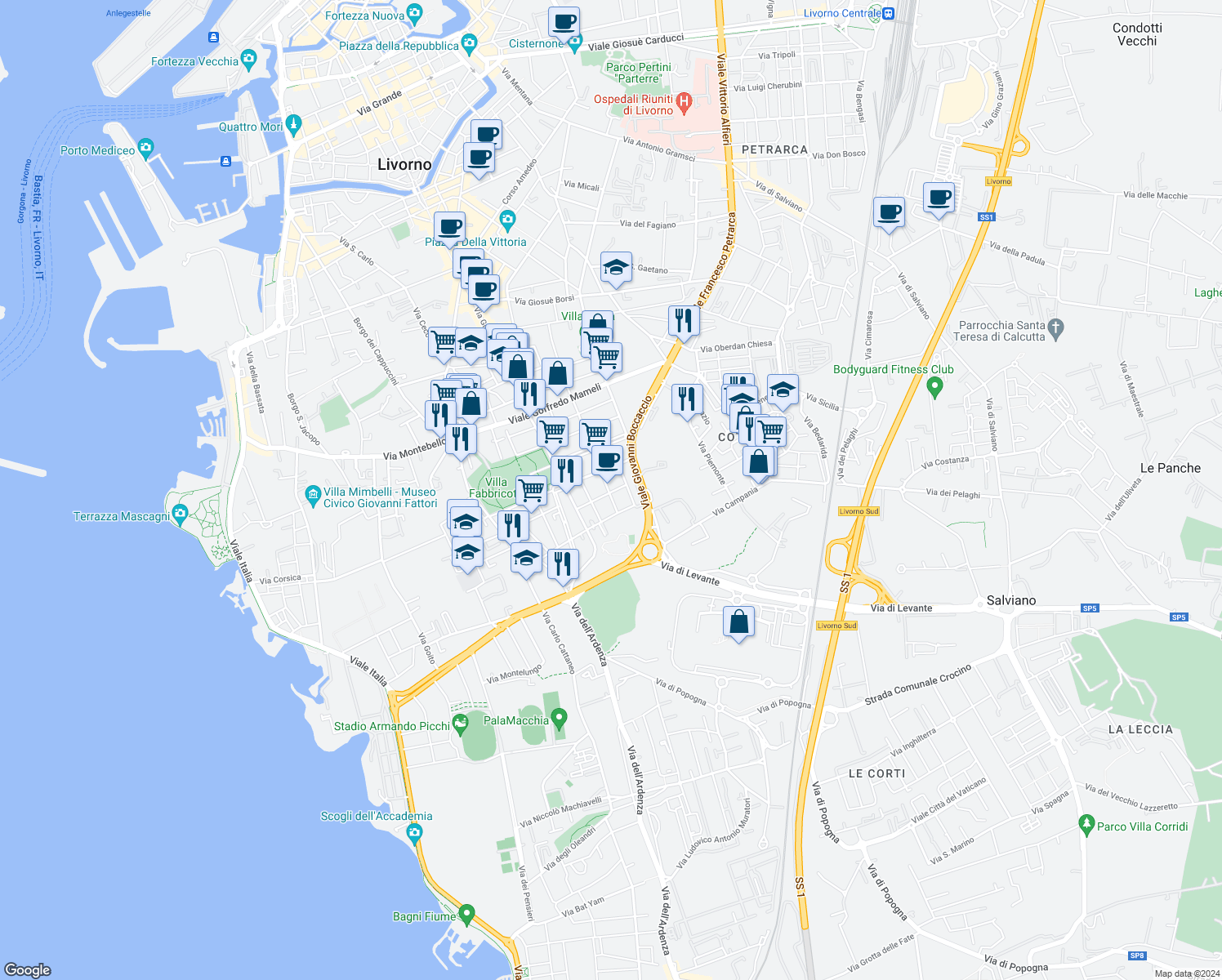 map of restaurants, bars, coffee shops, grocery stores, and more near 63 Via Temistocle Guerrazzi in Livorno