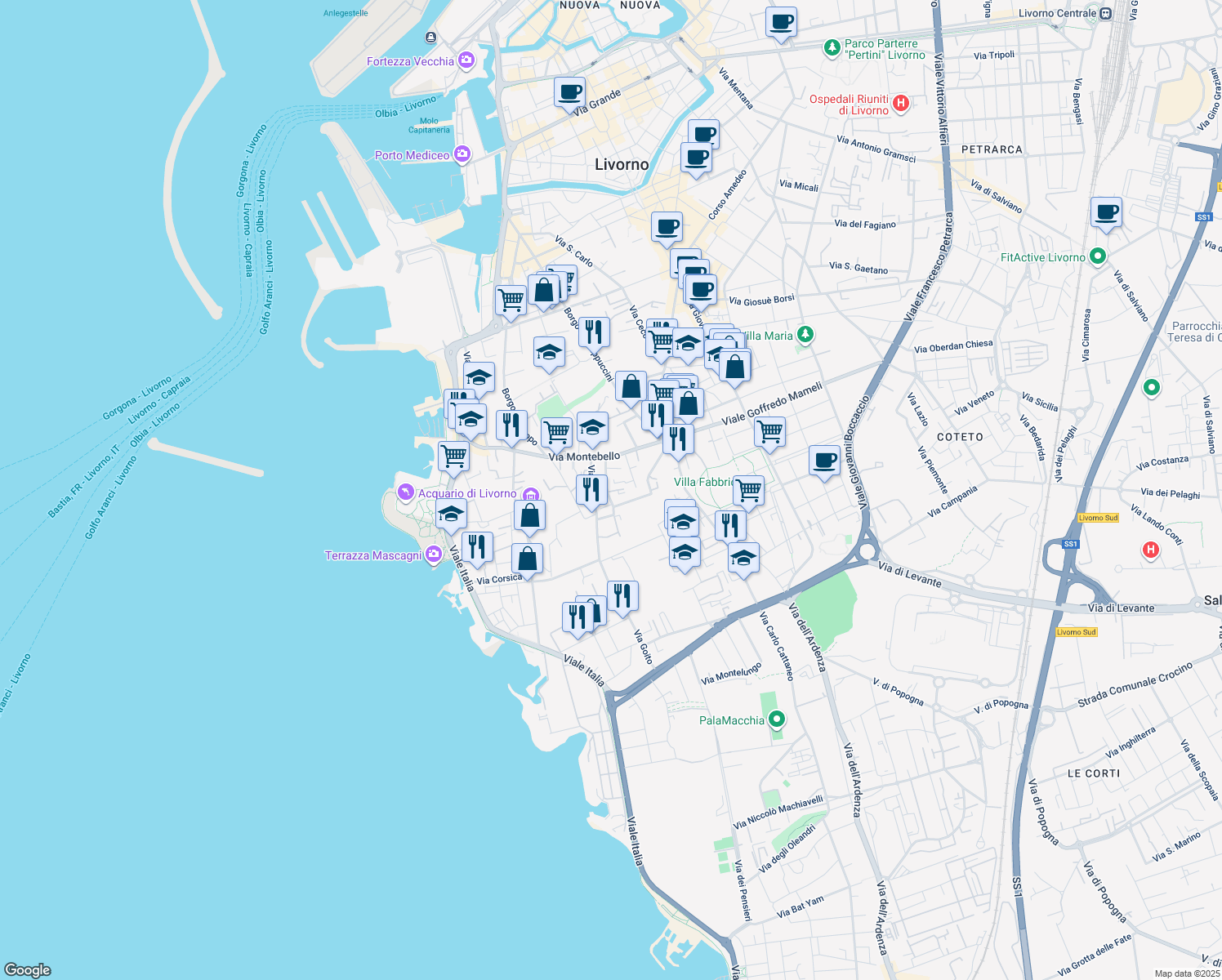 map of restaurants, bars, coffee shops, grocery stores, and more near 18 Via Costanzo Ebat in Livorno