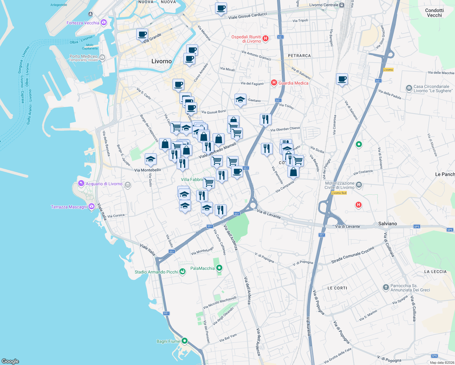 map of restaurants, bars, coffee shops, grocery stores, and more near 8 Via Medaglie D'Oro della Resistenza in Livorno