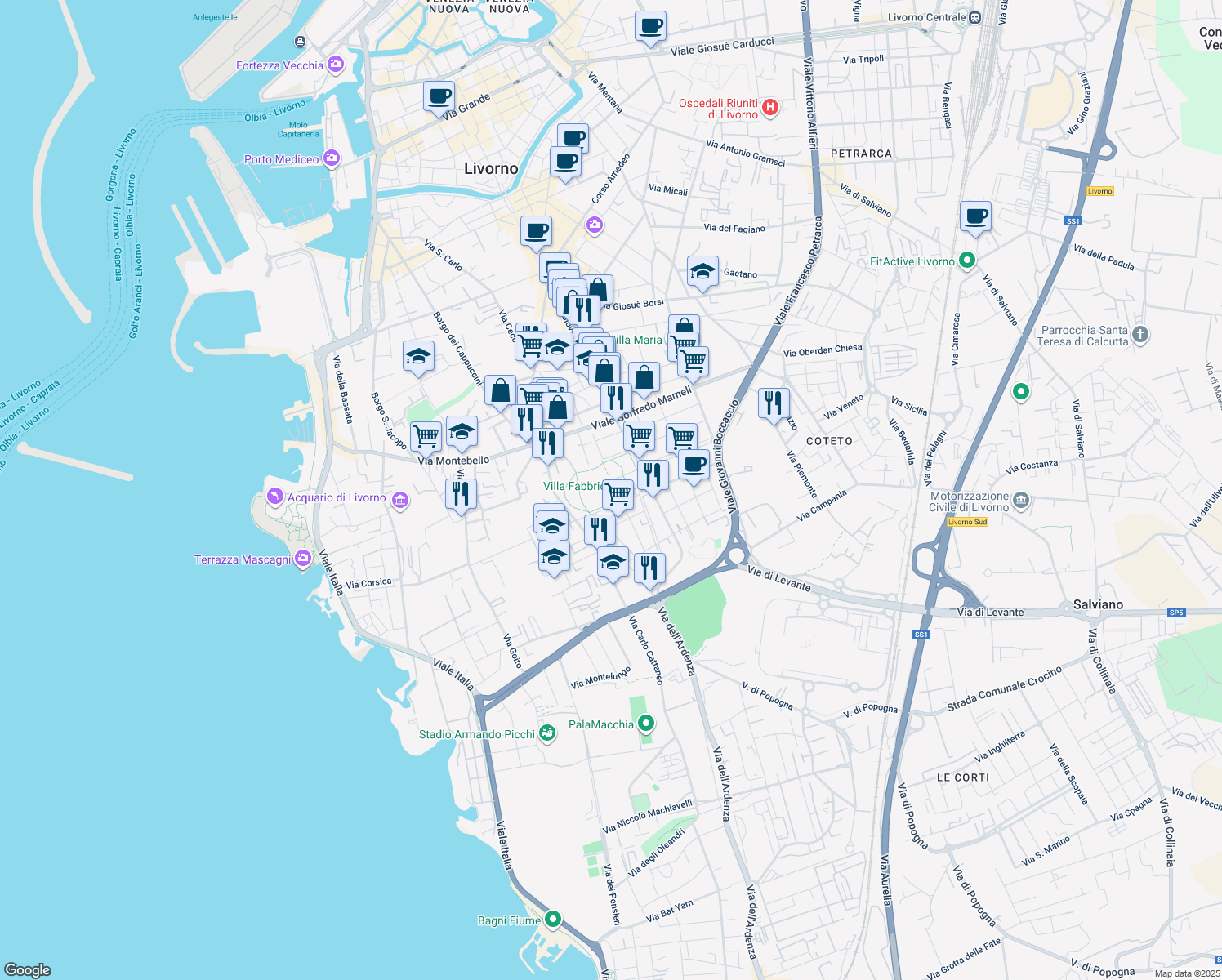 map of restaurants, bars, coffee shops, grocery stores, and more near 8 Via Luigi Pirandello in Livorno