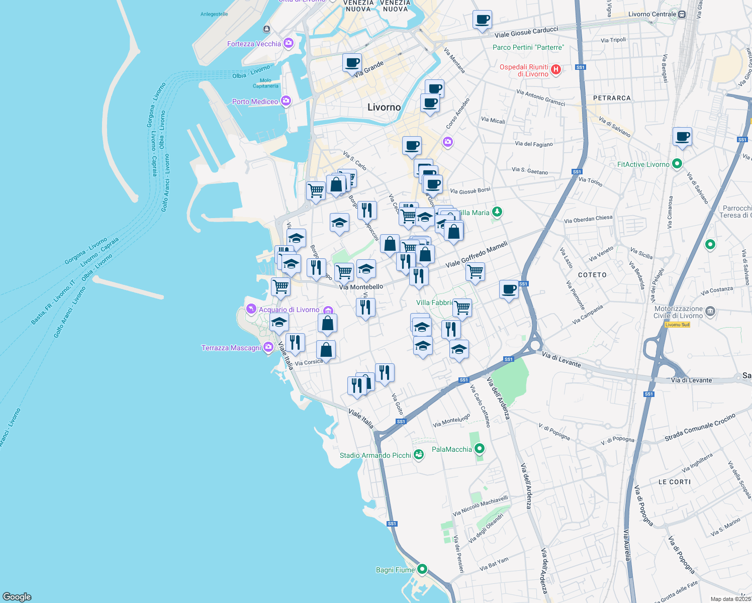 map of restaurants, bars, coffee shops, grocery stores, and more near 18 Via Costanzo Ebat in Livorno