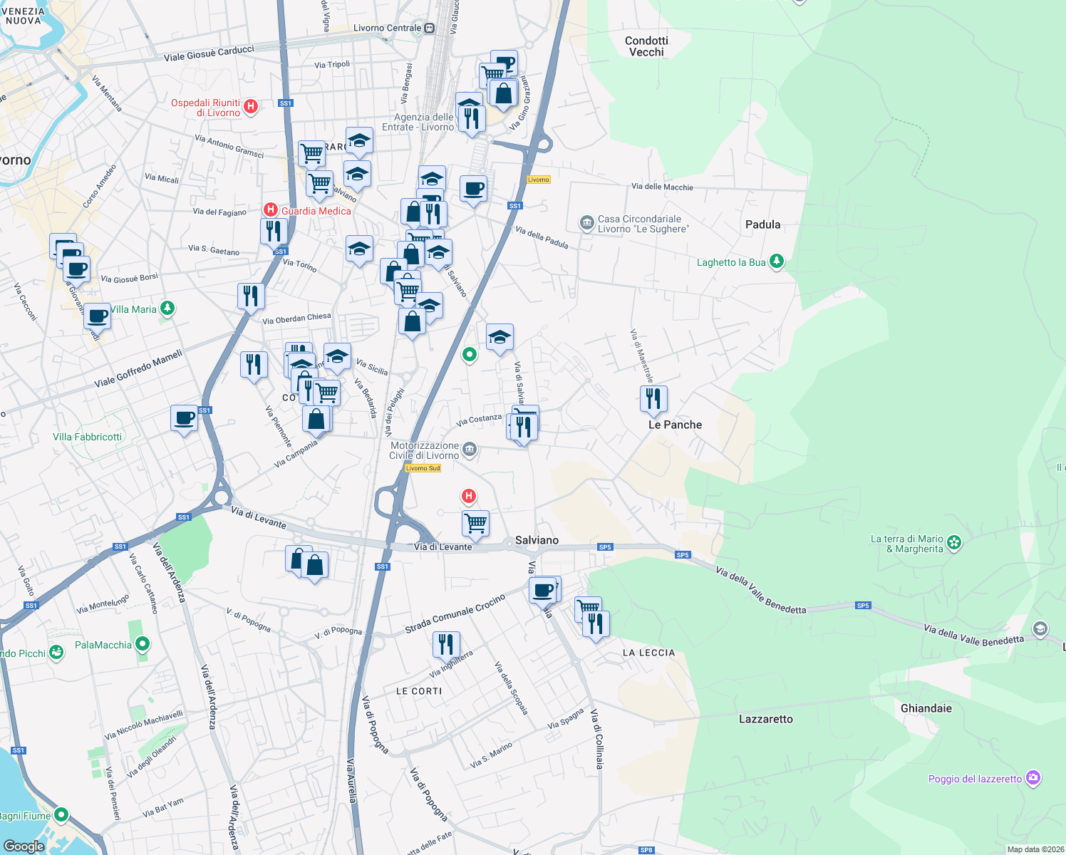 map of restaurants, bars, coffee shops, grocery stores, and more near 7 Via Renuccio Renucci in Livorno
