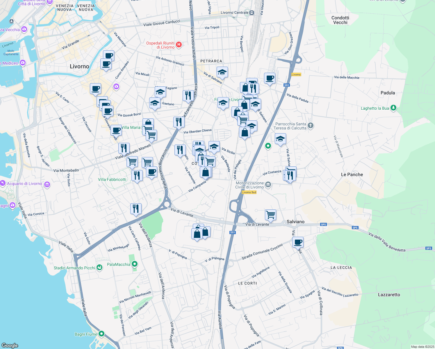 map of restaurants, bars, coffee shops, grocery stores, and more near 12 Via Lombardia in Livorno