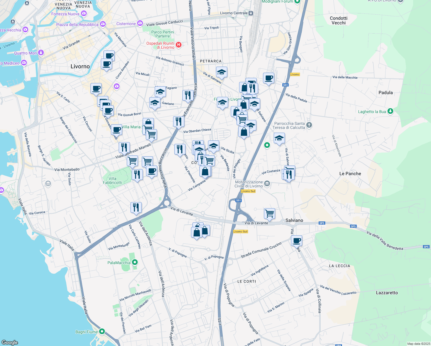 map of restaurants, bars, coffee shops, grocery stores, and more near 12 Via Lombardia in Livorno
