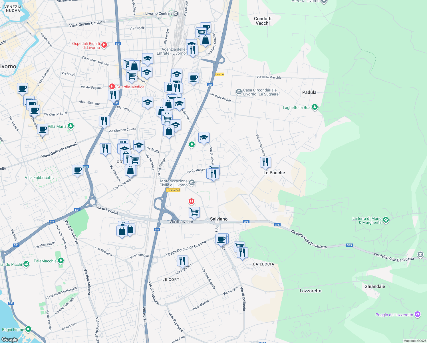 map of restaurants, bars, coffee shops, grocery stores, and more near Via Costanza in Livorno