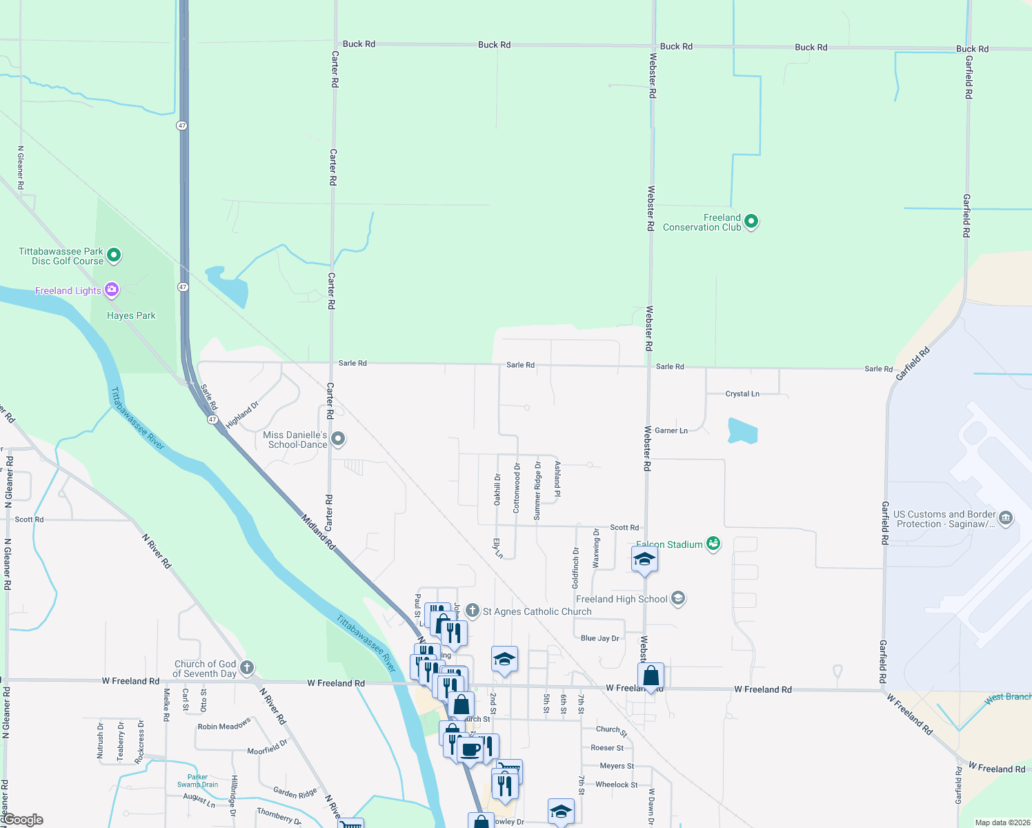 map of restaurants, bars, coffee shops, grocery stores, and more near 10417 Hardwood Court in Freeland