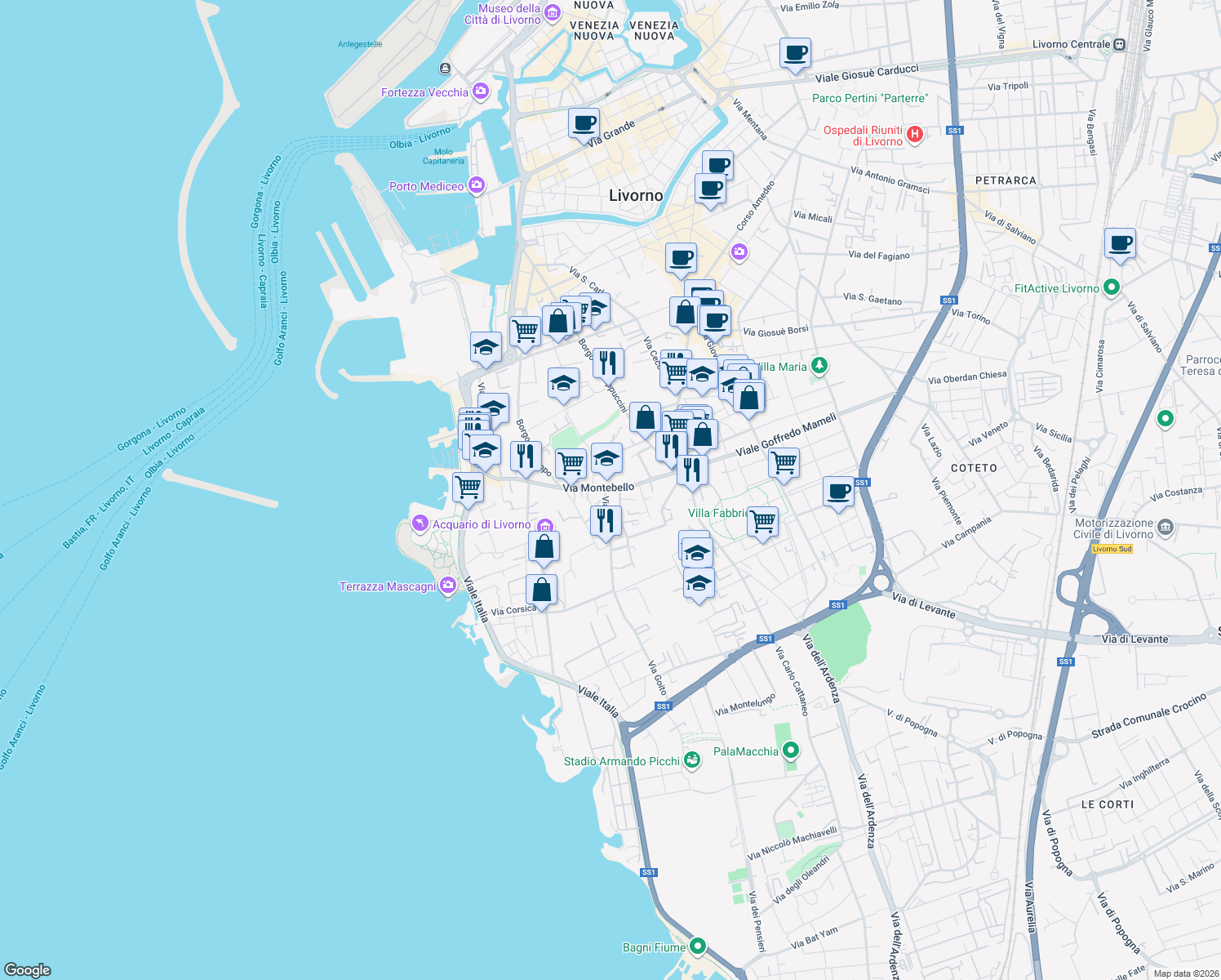 map of restaurants, bars, coffee shops, grocery stores, and more near in Livorno