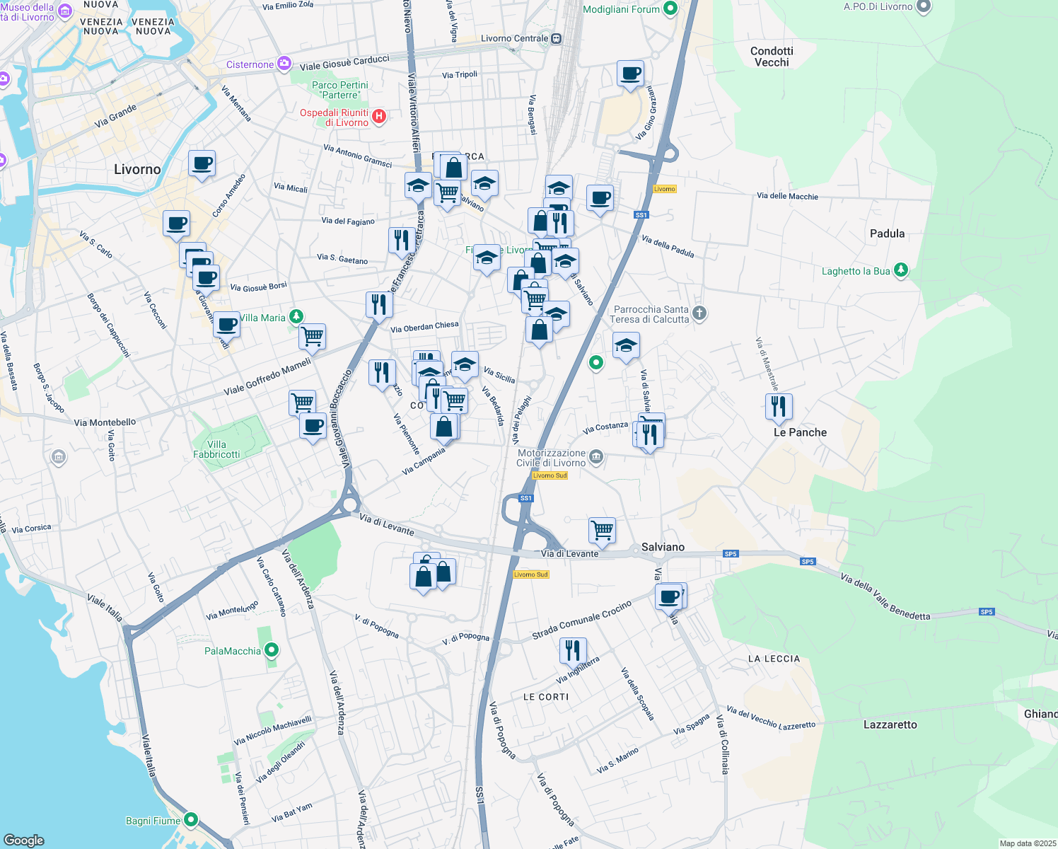 map of restaurants, bars, coffee shops, grocery stores, and more near 98 Via dei Pelaghi in Livorno