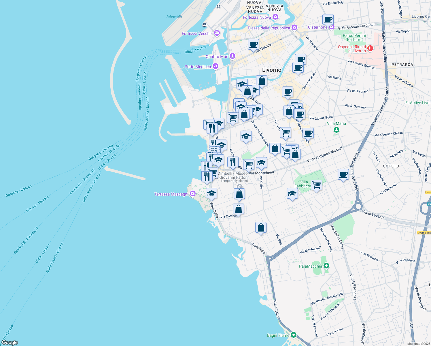 map of restaurants, bars, coffee shops, grocery stores, and more near 125 Viale Italia in Livorno