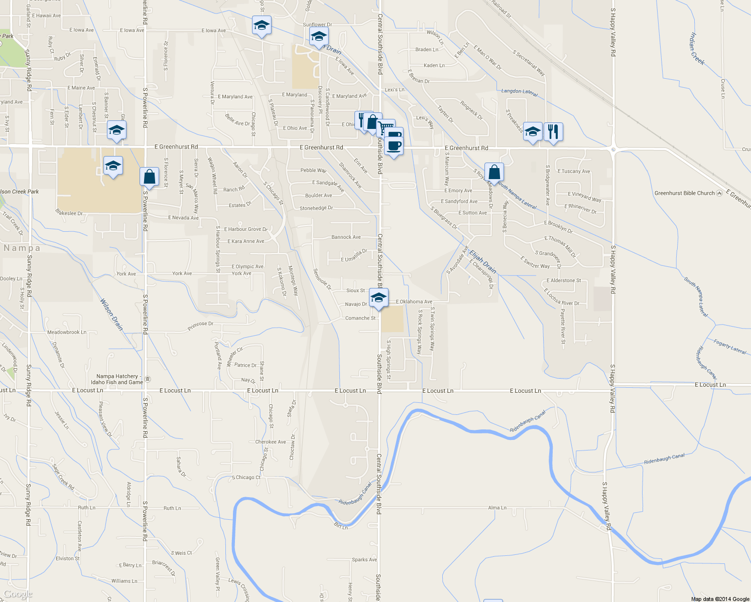 map of restaurants, bars, coffee shops, grocery stores, and more near 3008 Navajo Dr in Nampa